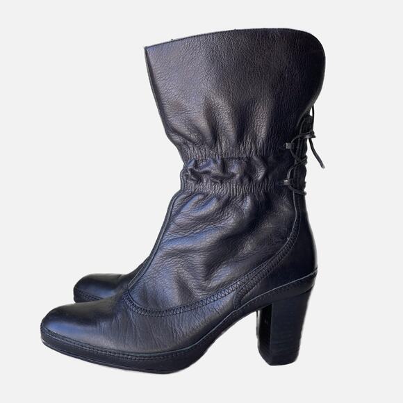 Clarks Artisan Mid Calf Heeled Boots Cinched Shaft 80s Style Women Sz 10 Leather - Picture 1 of 16